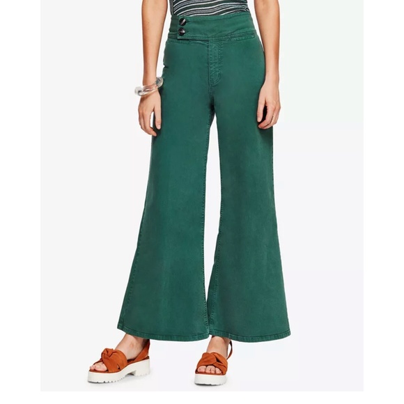 Free People Green Super Wide Leg Pants Size 26 - Picture 1 of 13